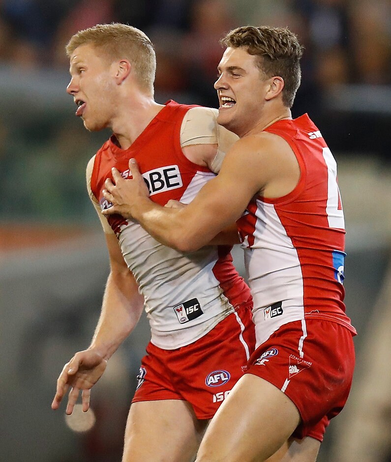 AFL 2016 Second Preliminary Final - Geelong v Sydney MELBOURNE, AUSTRALIA - SEPTEMBER 23: Dan Hannebery (left) and Tom Papley of the Swans celebrate during the 2016 AFL Second Preliminary Final match between the Geelong Cats and the Sydney Swans at the Melbourne Cricket Ground on September 23, 2016 in Melbourne, Australia. (Photo by Michael Willson/AFL Media)